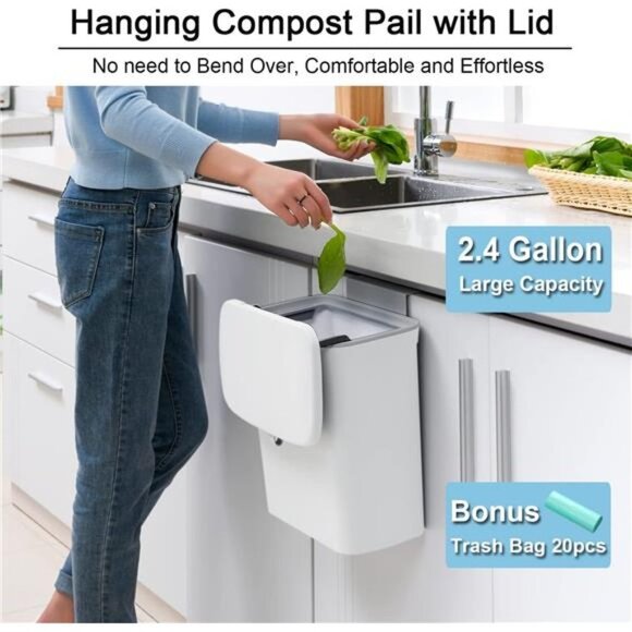 2.4Gallon Kitchen Compost Bin for CounterTop orUnder Sink,Hanging Small TrashCan - Picture 3 of 6